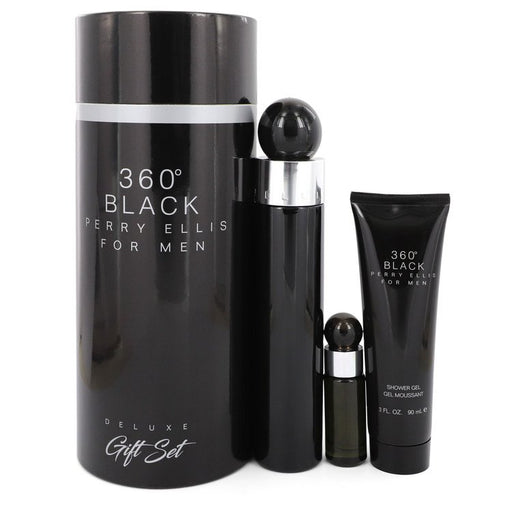 Perry Ellis 360 Black by Perry Ellis Gift Set -- 3.4 oz Eau De Toilette Spray + .25 oz Mini EDT Travel Spray + 3 oz Shower Gel for Men - PerfumeOutlet.com