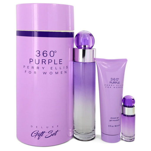 Perry Ellis 360 Purple by Perry Ellis Gift Set -- 3.4 oz Eau De Parfum Spray + .25 oz Mini EDP Spray + 3 oz Shower Gel for Women - PerfumeOutlet.com