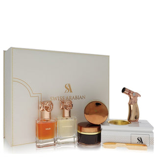 Swiss Arabian Bakhoor Dukhoon Al Haram by Swiss Arabian Gift Set -- Gift Set contains 2 x 1.7 oz Eau De Parfum in Wajd & Gharaam + 2 x 60 grams of Incense in Dukhoon Al Haram & Oud Muattar Mumtaz for Men