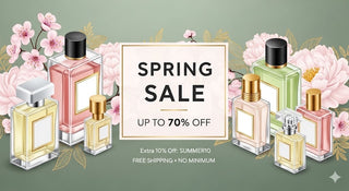 Spring sale advertisement with perfume bottles and floral elements on a green background