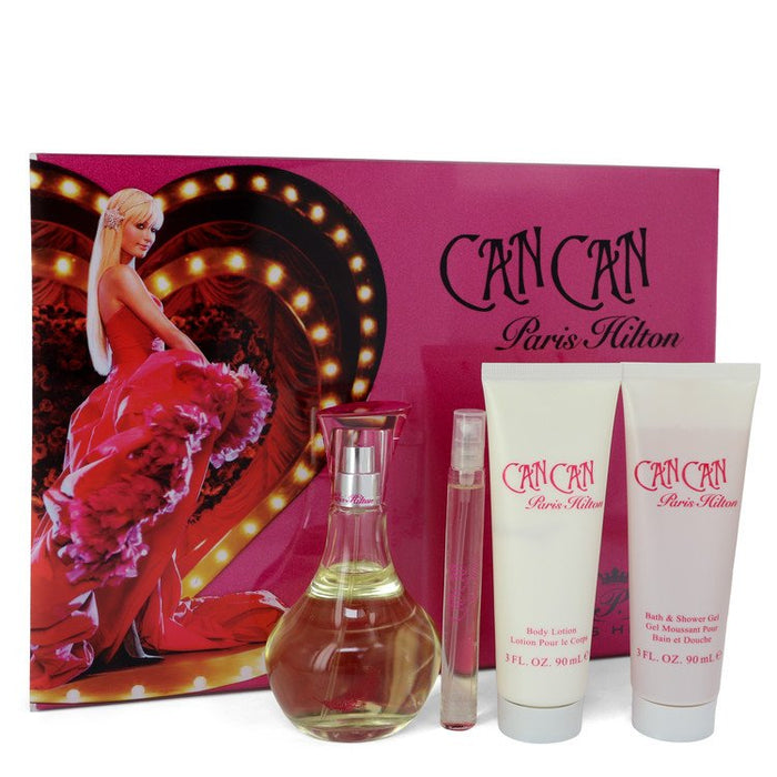 Can Can by Paris Hilton Gift Set -- 3.4 oz Eau De Parfum Spray + 3 oz Body Lotion + 3 oz Shower Gel +  .34 oz Mini EDP Spray for Women - PerfumeOutlet.com