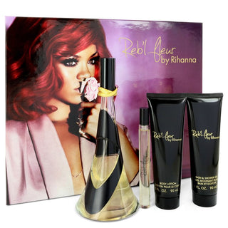 Reb'l Fleur by Rihanna Gift Set -- 3.4 oz Eau De Parfum Spray + 3 oz Body Lotion + 3 oz Shower Gel + .34 oz Mini EDP Spray for Women - PerfumeOutlet.com