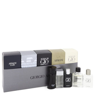 ARMANI by Giorgio Armani Gift Set -- Travel Set Includes.14 oz Mini Armani Code, .14 oz Mini Emporio Armani Diamonds,.17 oz Mini Acqua Di Gio, .24 oz  Mini Armani and .17 oz Mini Acqua Di Gio Profumo for Men - PerfumeOutlet.com
