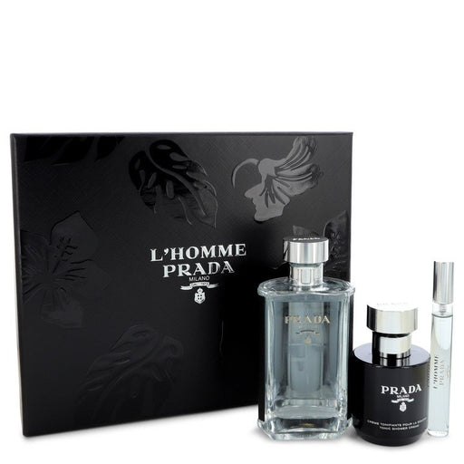 Prada L'homme by Prada Gift Set -- 3.4 oz Eau De Toilette Spray + .34 oz Mini EDT Spray + 3.4 oz Shower Cream for Men - PerfumeOutlet.com